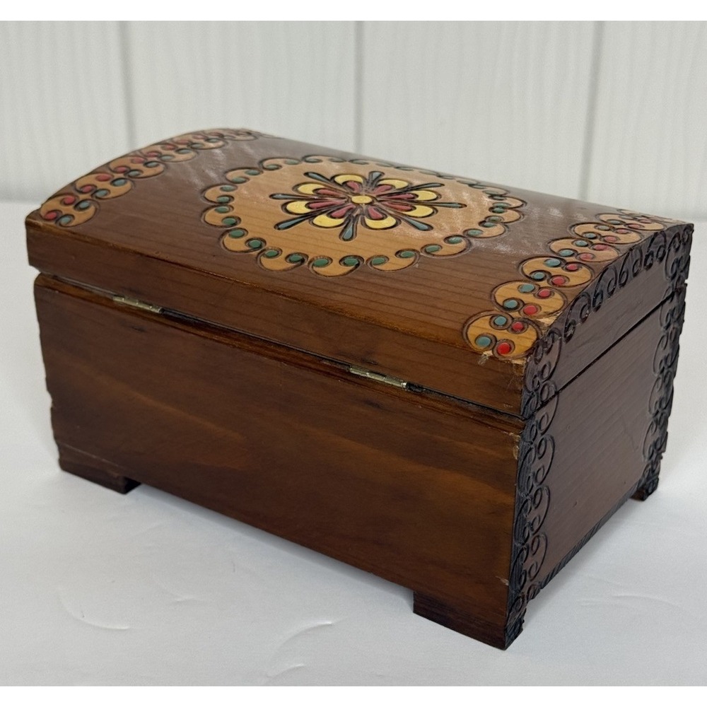 Vintage Polish Pyrography Wooden Box Folk Art Trunk Keepsake Chest 1981 Poland - Picture 5 of 15
